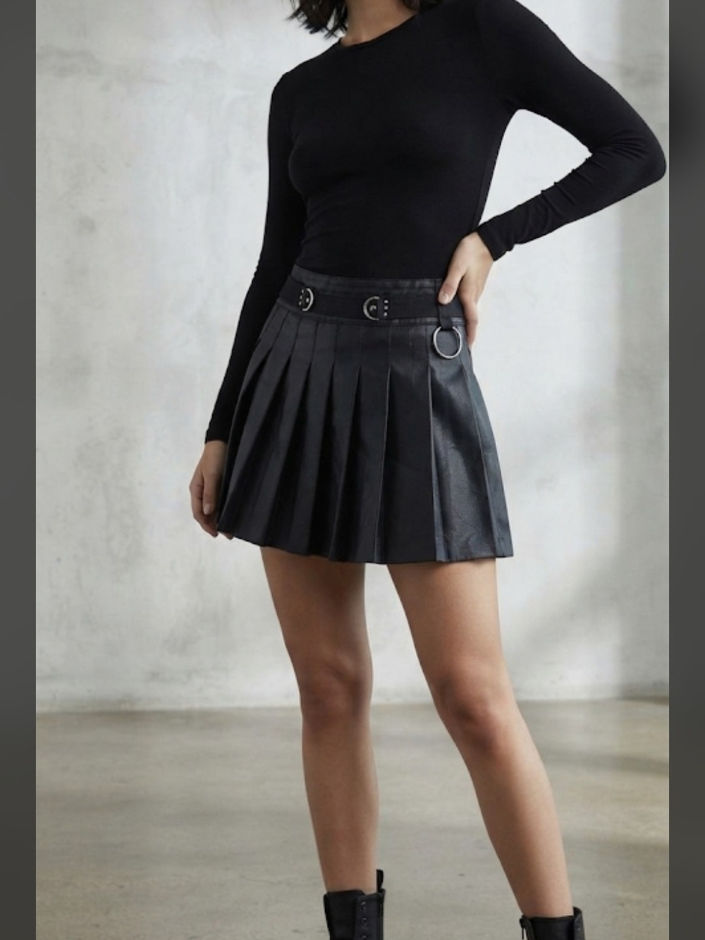 Current Mood Black Pleated Faux Leather Skater Skirt with O-Ring Detail